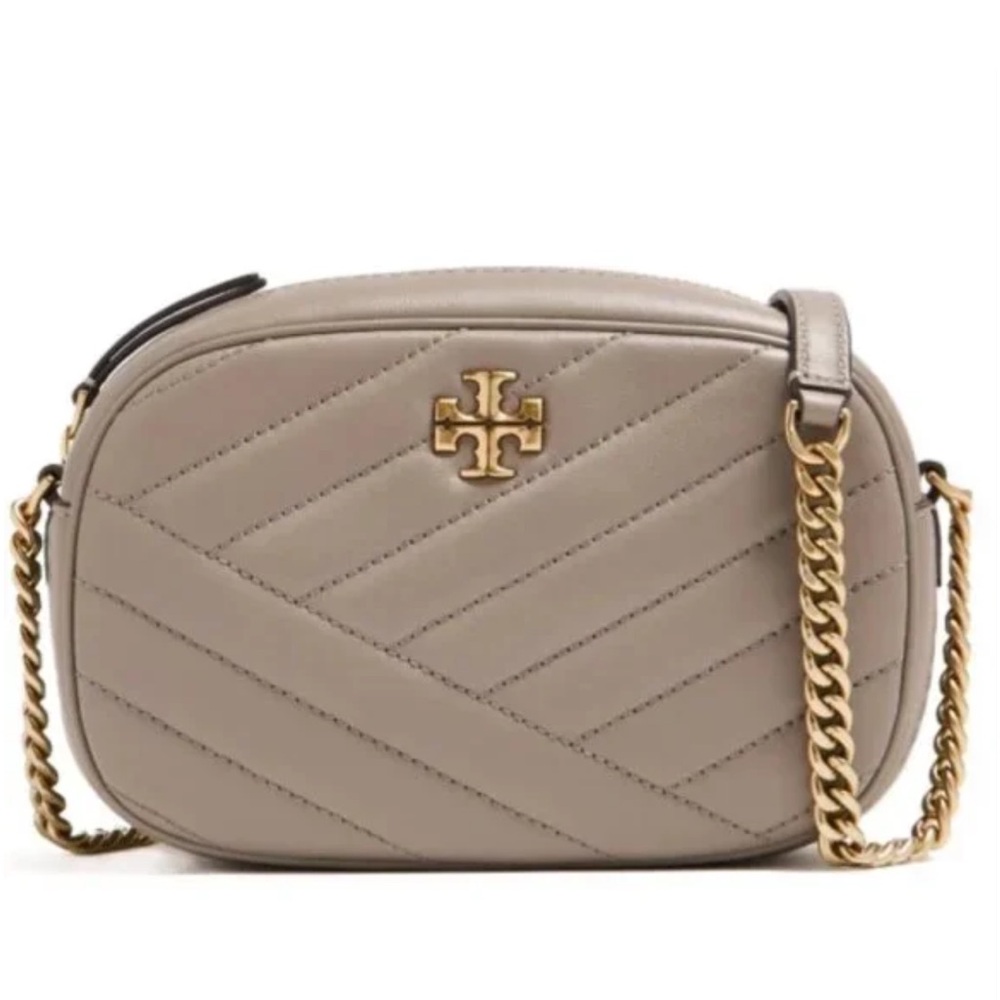 Tory Burch Taupe Quilted Crossbody Bag with Gold Chain